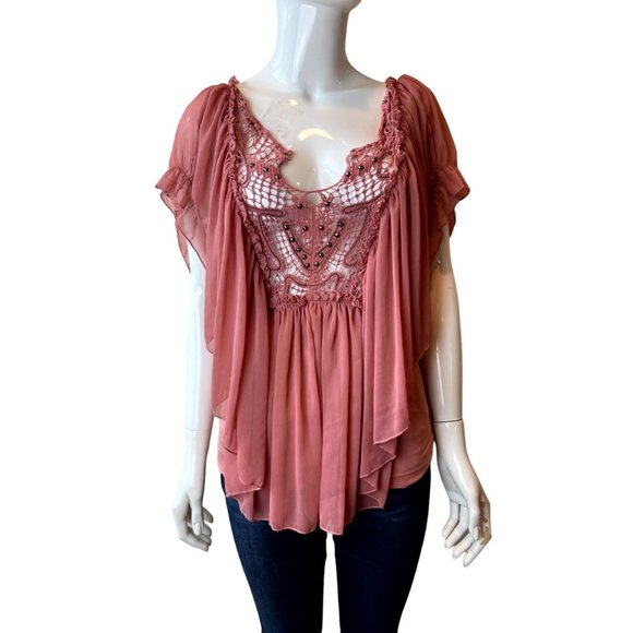 Daytrip Women's Cocktail Beaded Blouse Top M4191W5248 Flutter Sleeve Pink Small - Picture 1 of 7
